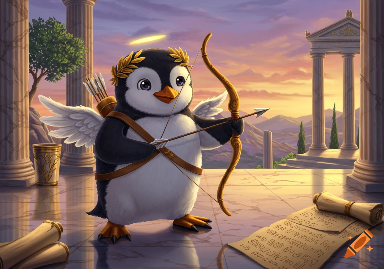 A cute cartoon penguin, dressed in a laurel wreath and tiny wings, holds a bow and arrow in a classical Greek temple setting with scrolls.