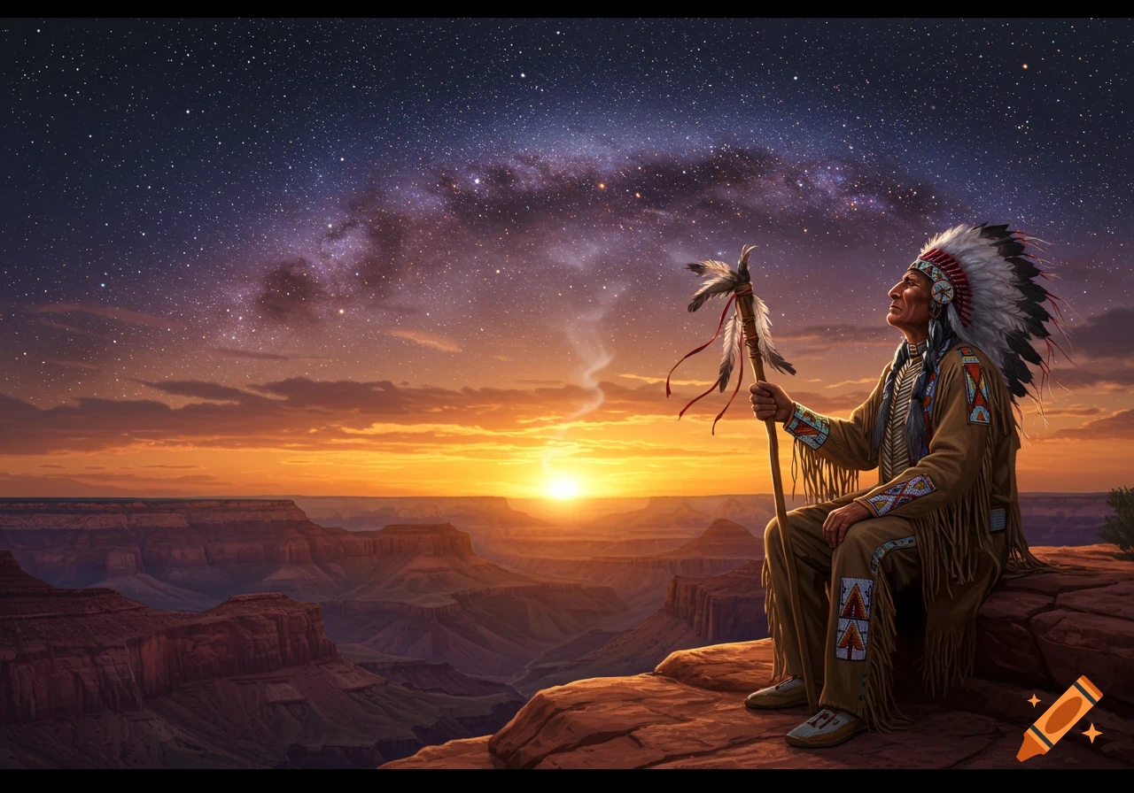 Native American man in traditional attire sits on a cliff overlooking a grand canyon at sunset under a starry galaxy sky, digital art.