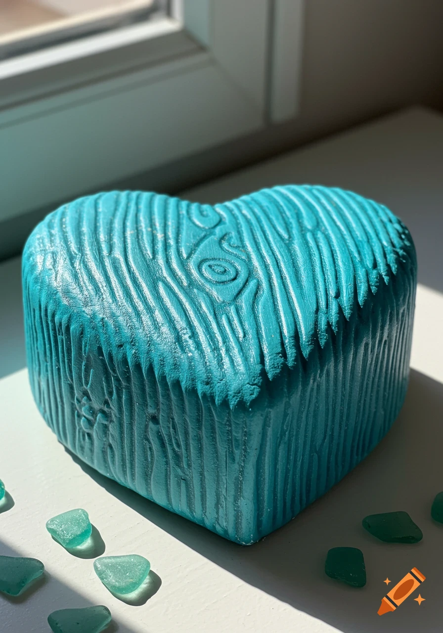 A teal heart-shaped object with a wood-like texture sits on a white surface, surrounded by small green sea glass pieces.