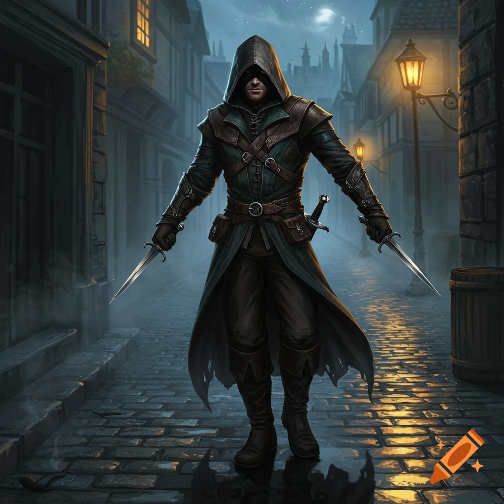 A hooded rogue in a dark cloak stands in a misty, cobblestone alley at night, holding two daggers. Photorealistic style.