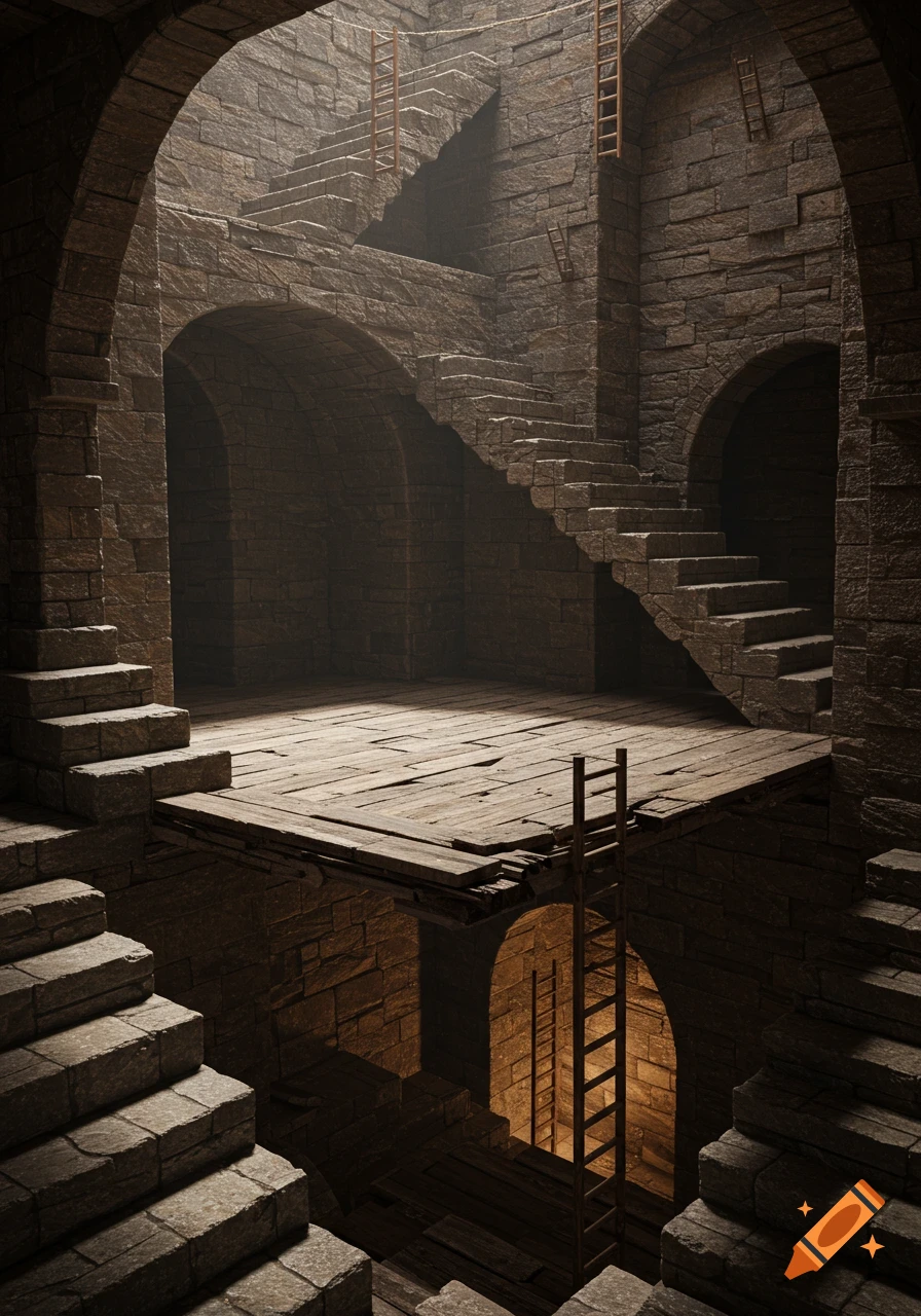 An intricate stone labyrinth featuring multiple staircases, arches, and ladders connecting different levels in an ancient, dimly lit structure.