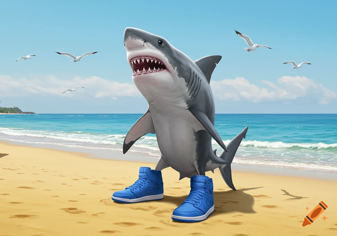 A photorealistic great white shark wearing blue Jordan sneakers stands on a sandy beach with the ocean and seagulls in the background.