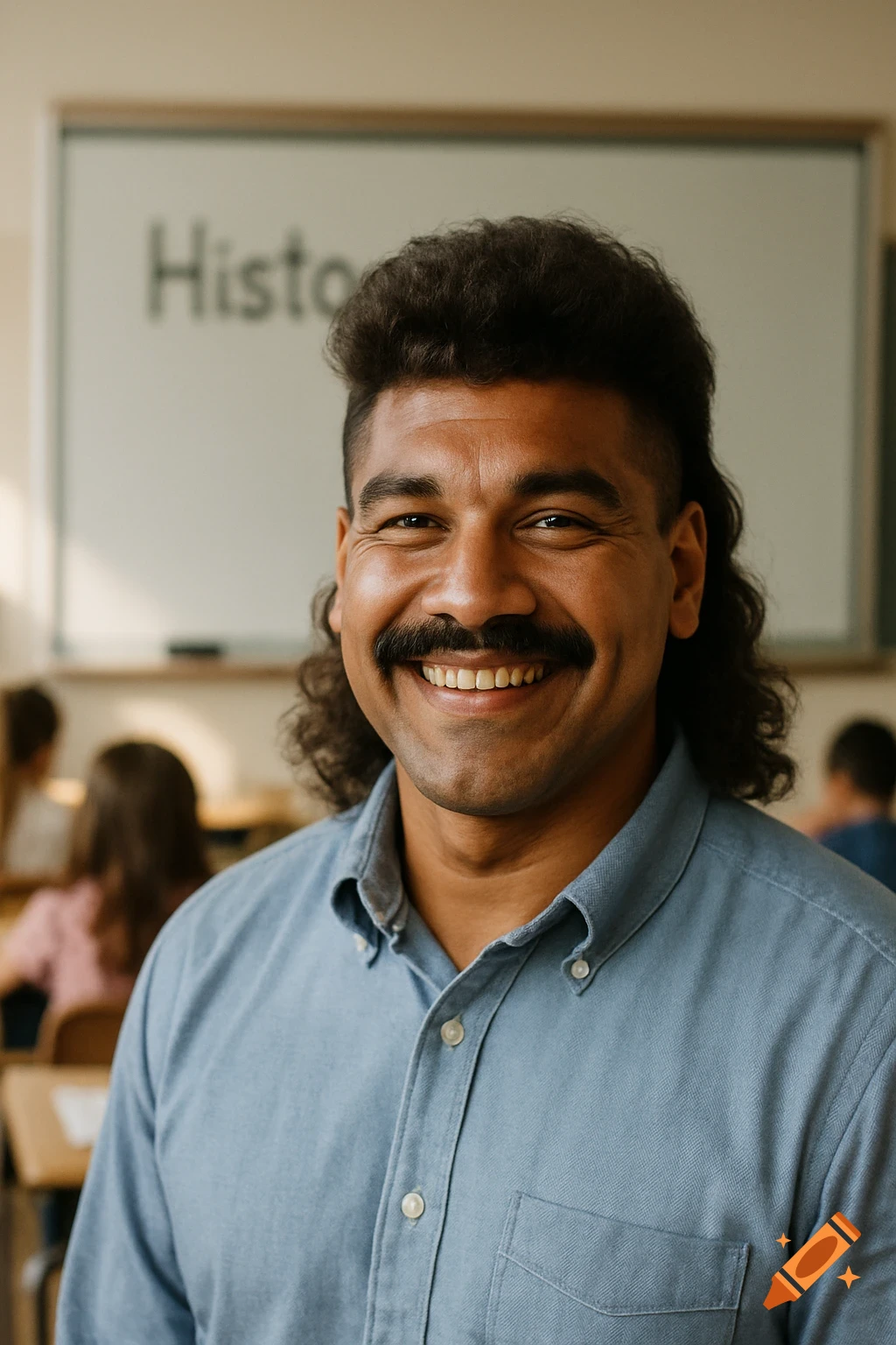 Smiling brown-skinned male teacher with a mullet in a classroom, 'Histo' on whiteboard.