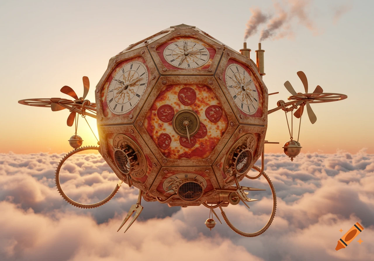 A whimsical steampunk airship shaped like a pizza dodecahedron with clock faces flies above clouds at sunset.