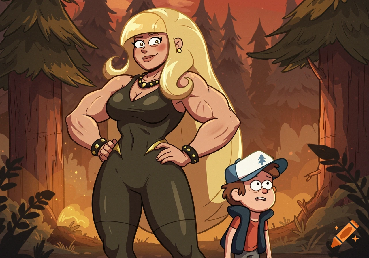 Muscular Pacifica Northwest smirks next to a nervous Dipper Pines in a cartoon style forest scene.