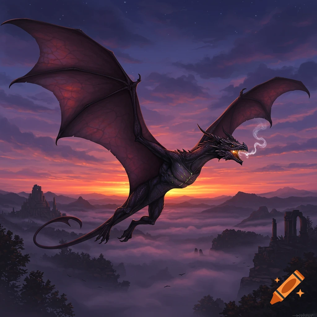 A majestic dark dragon with large, leathery wings soars through a vibrant sunset sky above a misty, mountainous landscape with ancient ruins.