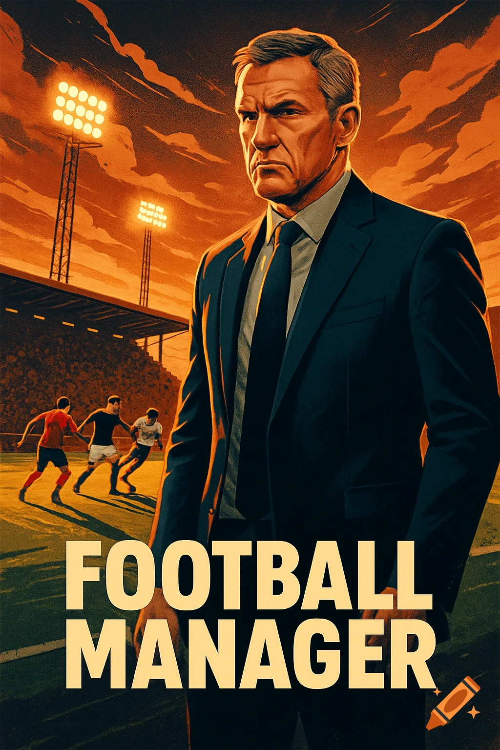 A stern-looking football manager in a suit stands in front of a stadium with players and bright lights, text "FOOTBALL MANAGER".