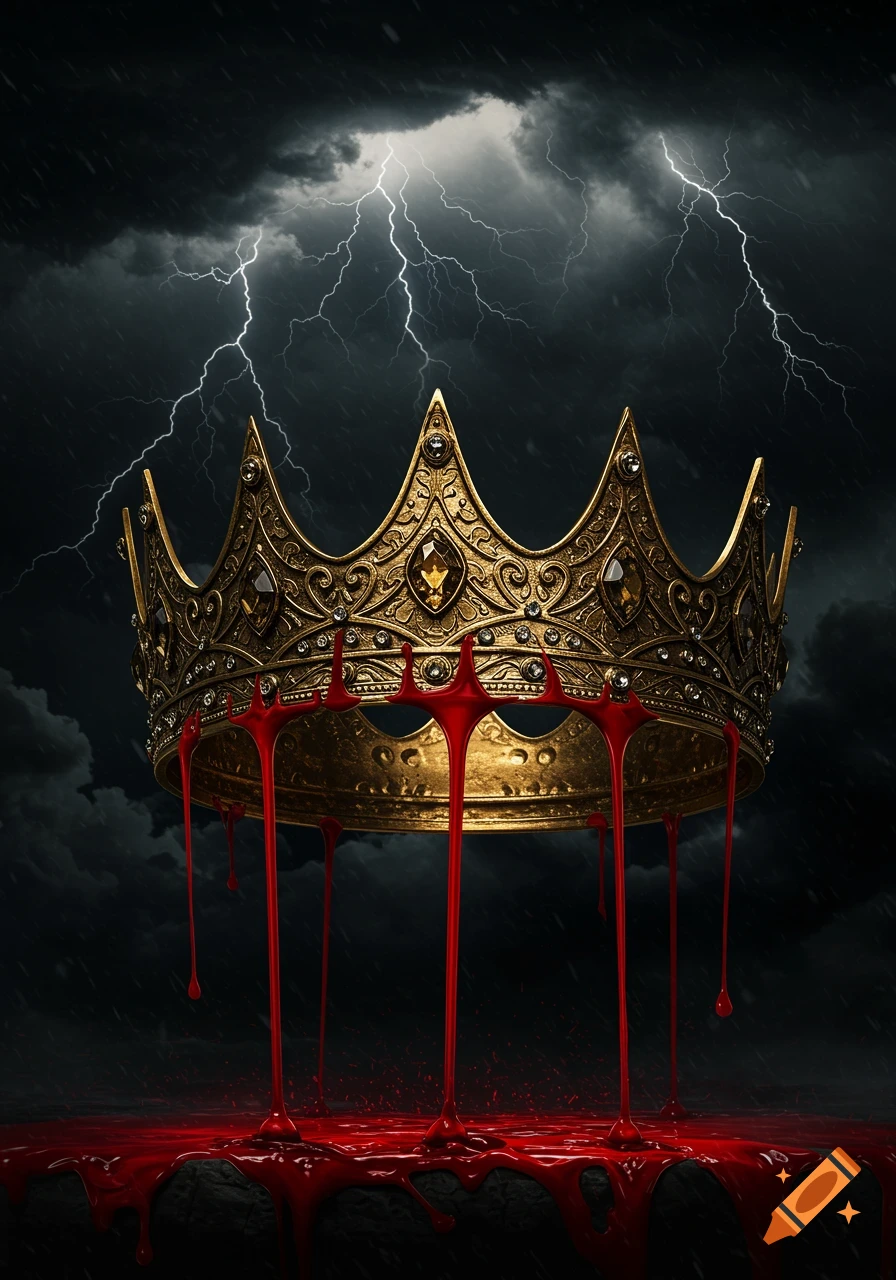 A golden crown dripping with blood under a stormy sky with lightning, in a dark fantasy style.
