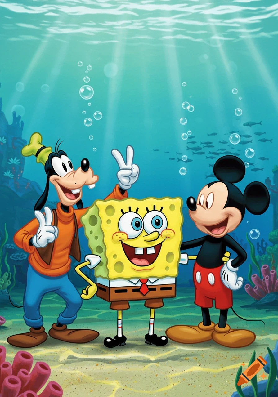 Goofy, SpongeBob, and Mickey Mouse pose together underwater in a colorful cartoon scene.