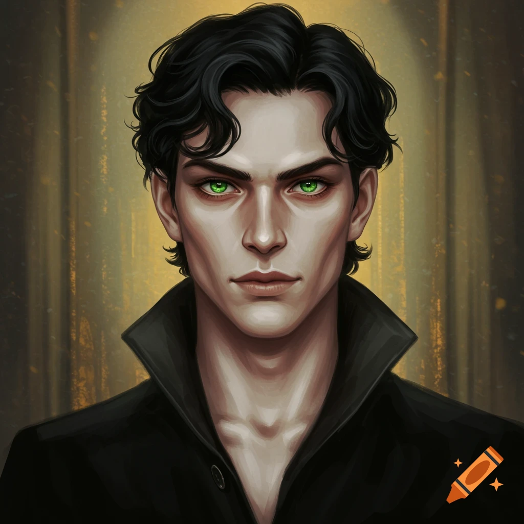 Portrait of a pale-skinned man with black wavy hair and striking green eyes, wearing a black collared shirt.