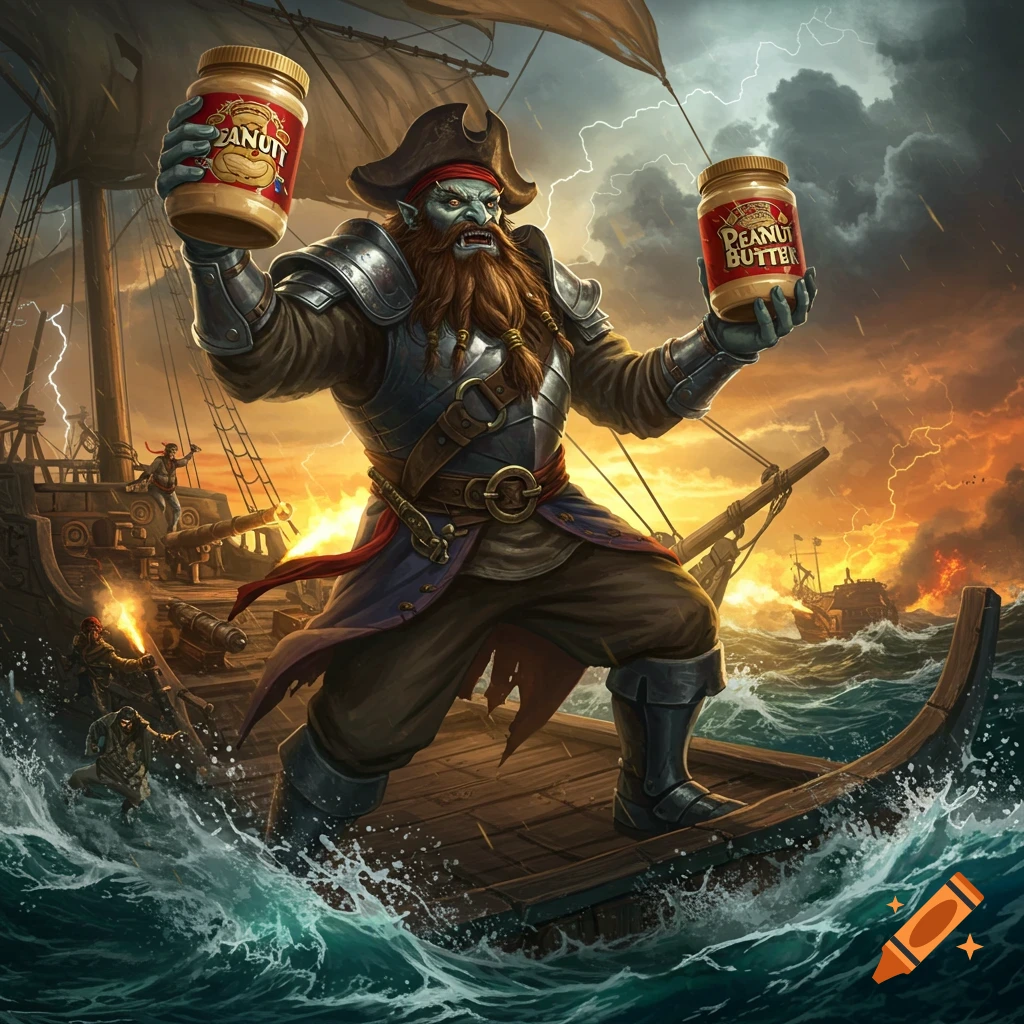 A green-skinned, bearded fantasy pirate warrior holds two jars of peanut butter on a ship during a stormy sea battle in detailed digital art.