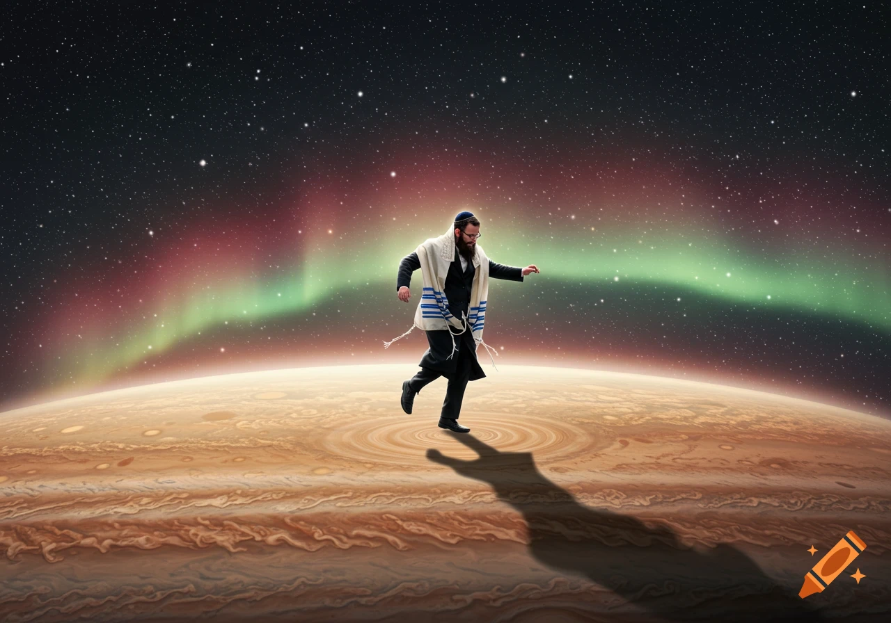 A Jewish man wearing a tallit dances on the surface of Jupiter under a starry sky with a colorful aurora.
