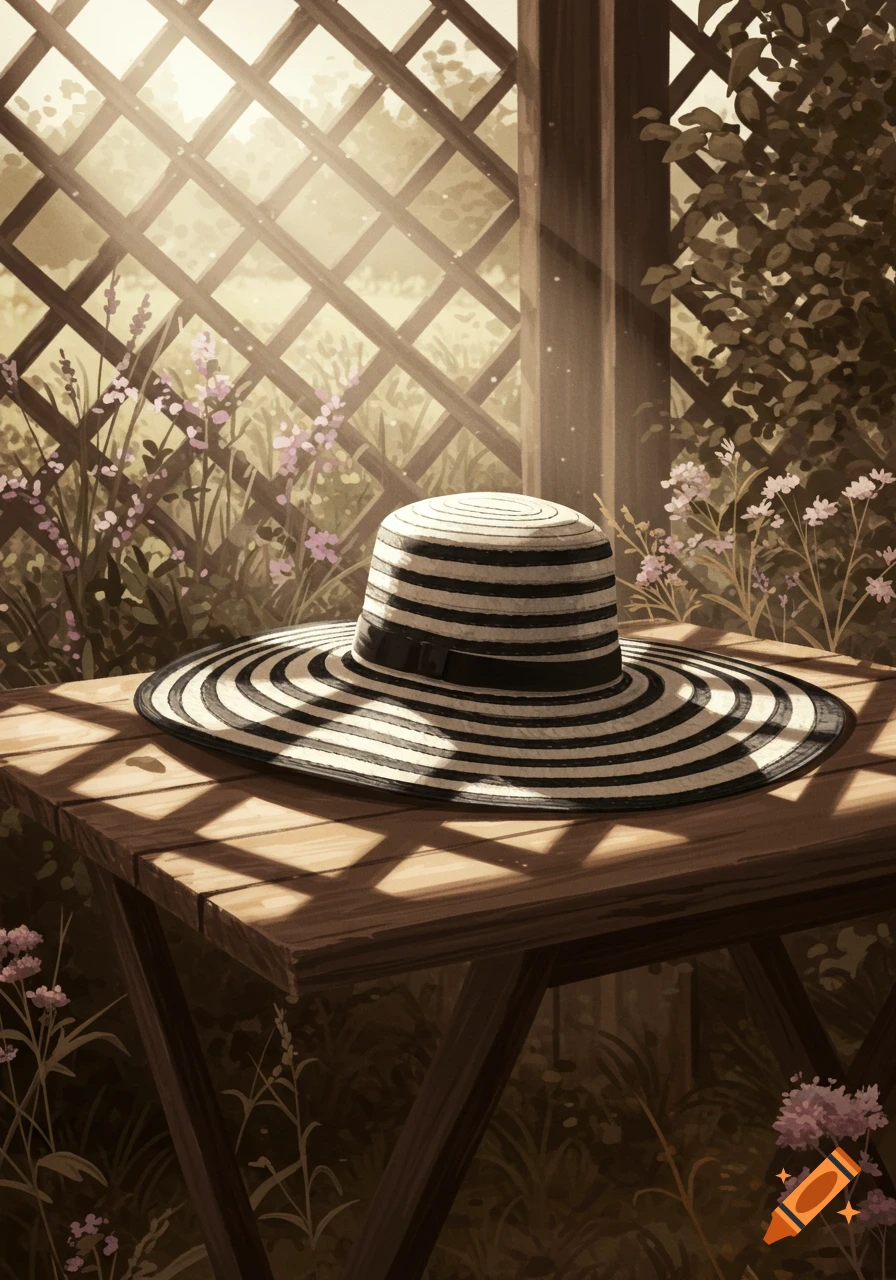 A black and white striped straw hat rests on a wooden table in a sunlit garden, with a trellis and purple flowers, in an illustrative style.