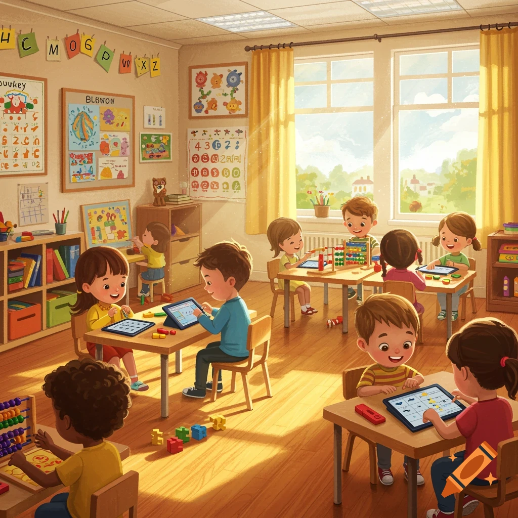 Kindergarten children learning and playing with educational toys and tablets in a sunny classroom, digital art.
