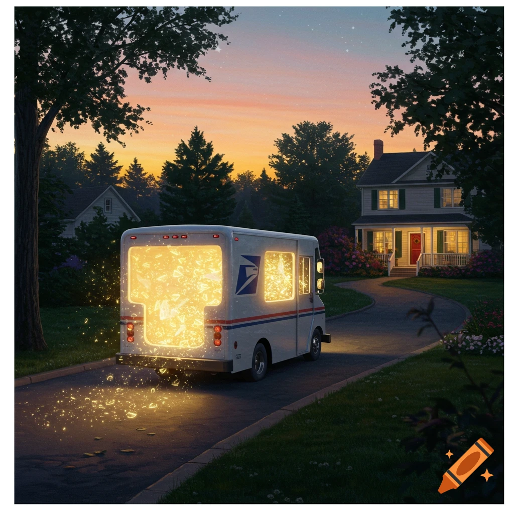 A white USPS delivery truck glows with golden light, parked on a suburban driveway at sunset with a house in the background.