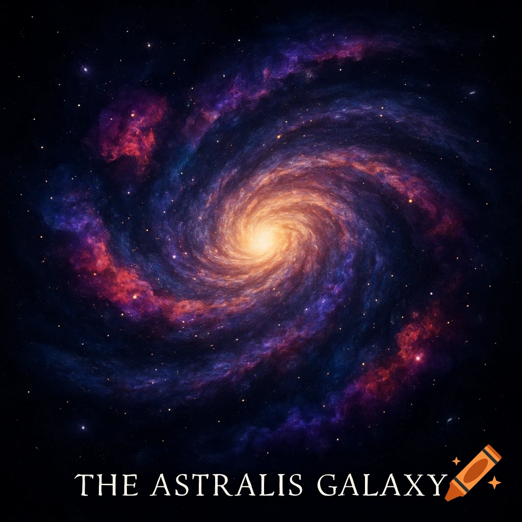 A vibrant spiral galaxy with a bright yellow core and swirling red and purple nebulae, labeled 'The Astralis Galaxy'.