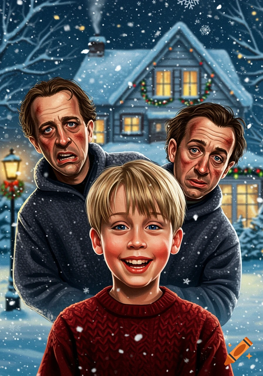 An illustration of a smiling child in a red sweater, with two distressed and slightly injured adults behind him, set against a snowy house and winter night background.