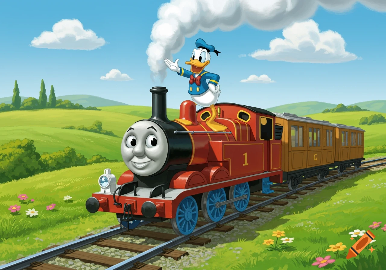 Donald Duck stands waving atop Thomas the Tank Engine on train tracks in a vibrant, green, cartoon landscape.