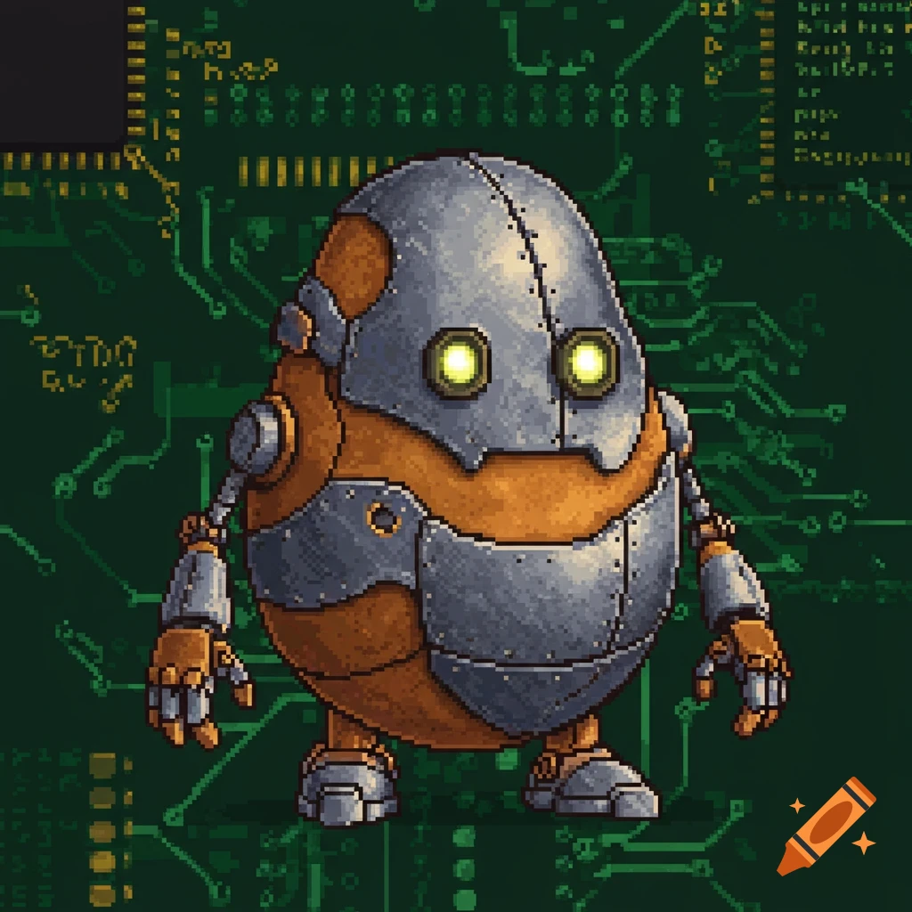 Pixel art of a robotic potato character with silver plating, orange body, and glowing yellow eyes, against a green circuit board background.