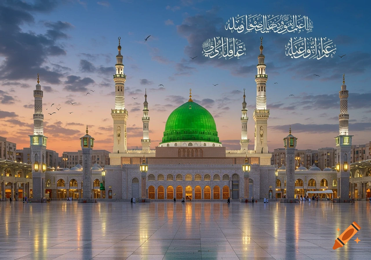 A beautiful photorealistic image of Masjid an-Nabawi with its green dome and minarets at sunset, with Arabic calligraphy in the sky.