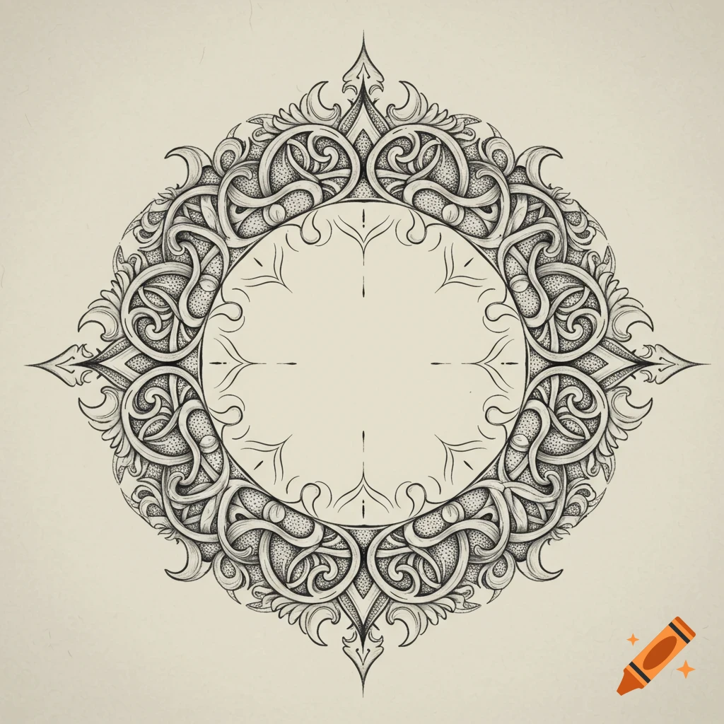 Detailed black and white symmetrical ornamental art with a circular pattern, fine lines, and stippling.
