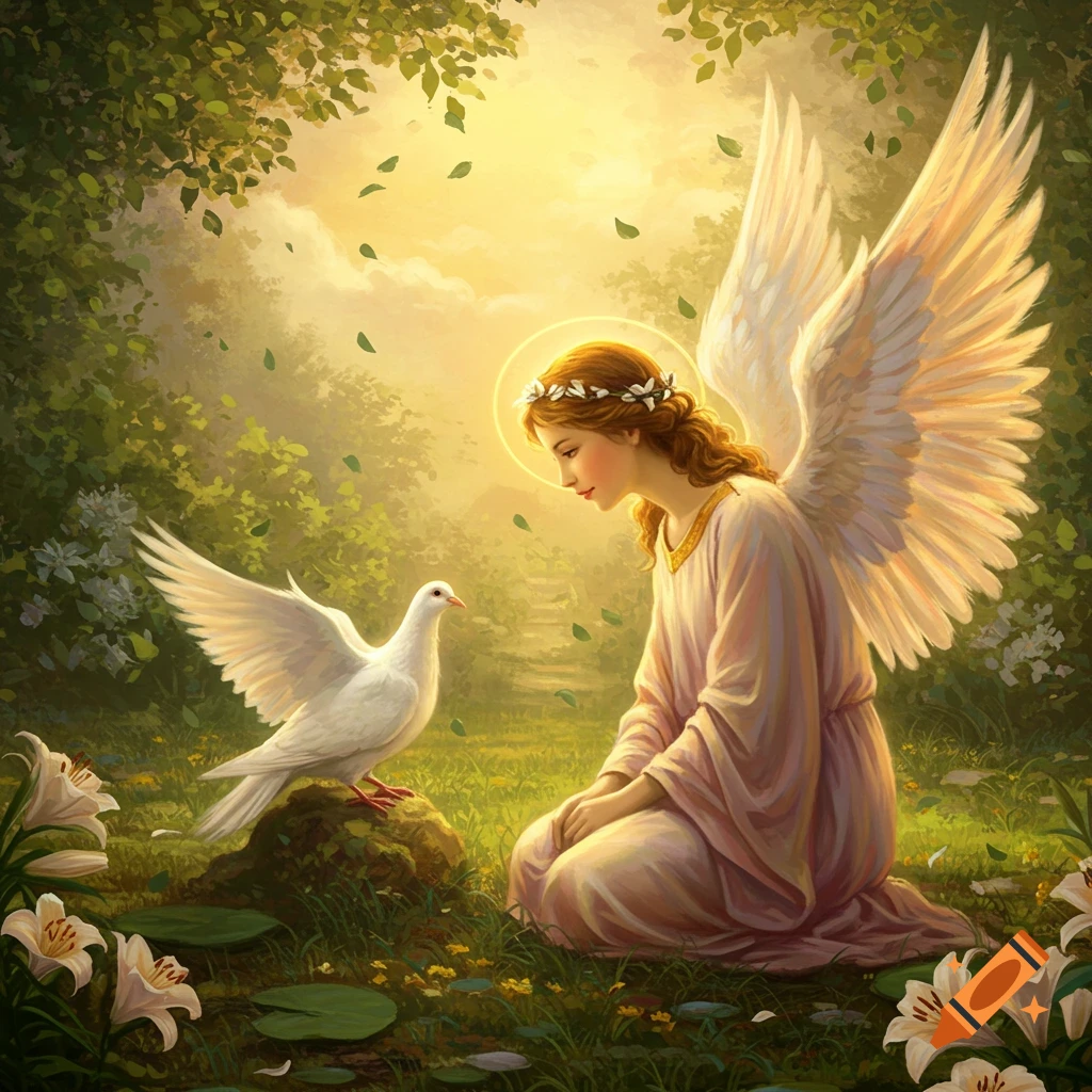 An ethereal angel with large white wings kneels in a sunlit forest, gently looking at a white dove perched on a rock.