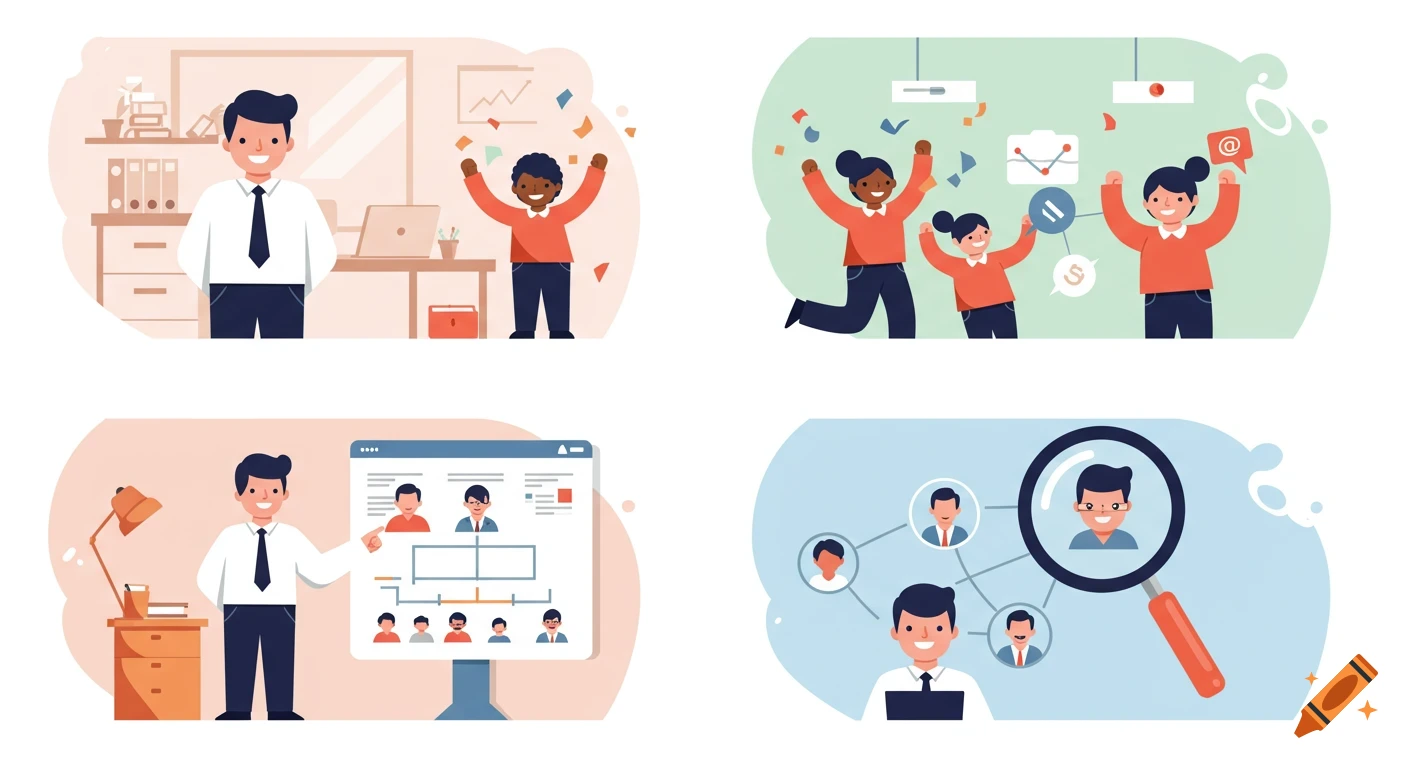 Four cartoon illustrations depicting diverse professionals celebrating, reviewing team structures, and engaging in talent search activities.