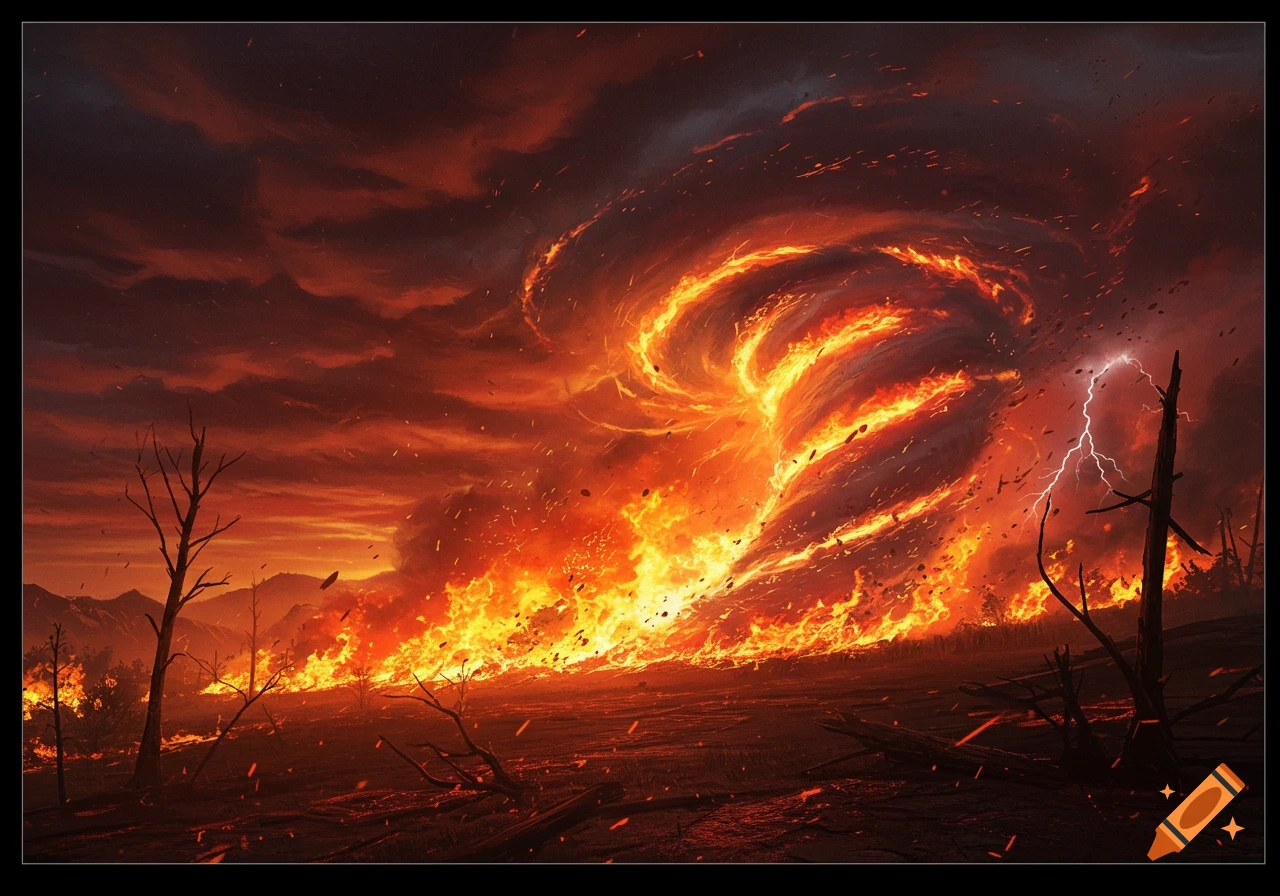 A powerful fire cyclone rages across a burning landscape under a stormy, reddish sky with lightning striking.