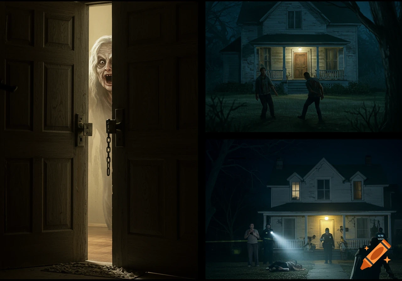 A horror triptych showing a screaming old woman in a doorway, two men running from a house at night, and a police crime scene outside a house.