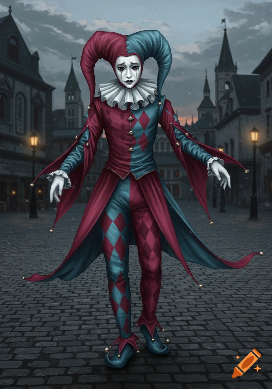 A sad jester in a red and blue harlequin costume and pointy hat stands on a cobblestone street in an old town at dusk, digital painting.