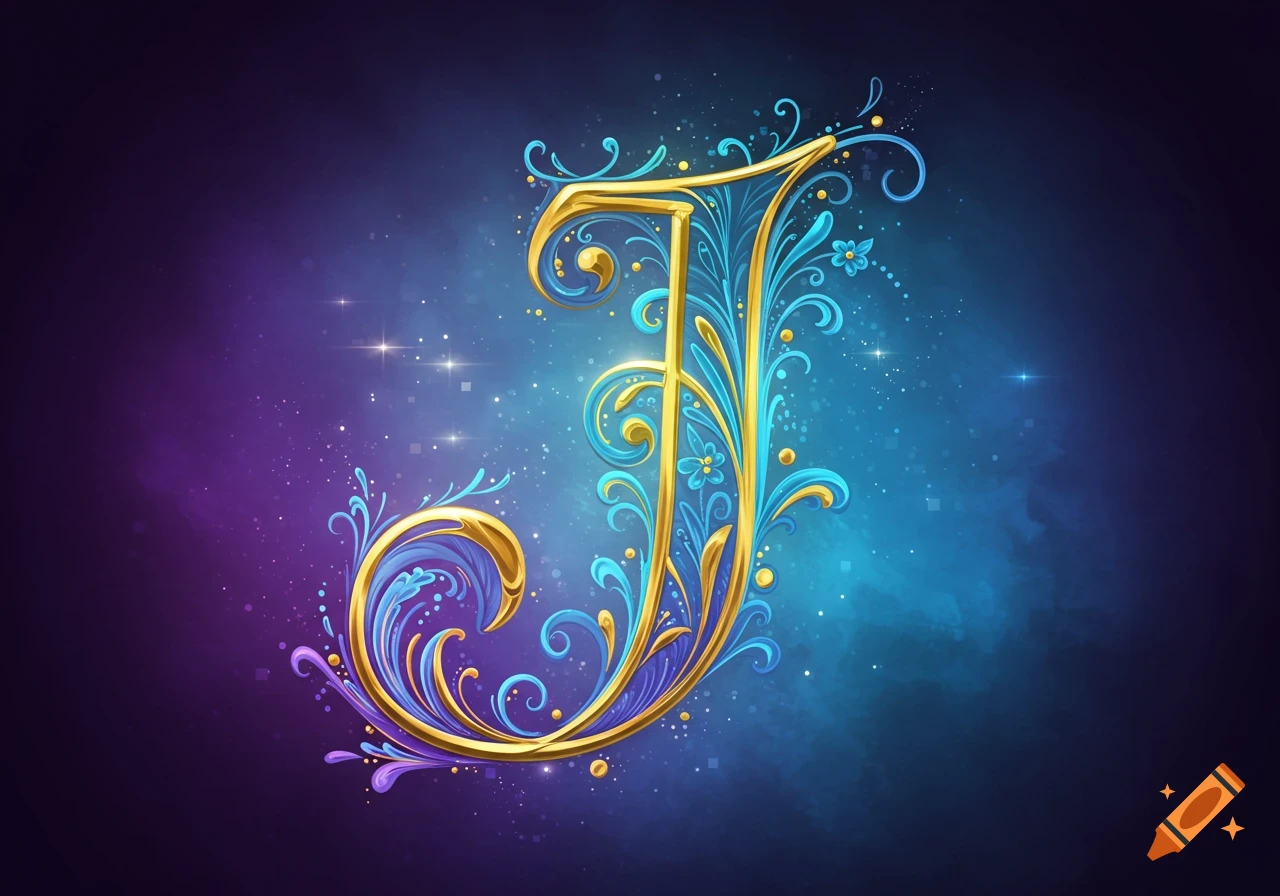 Ornate golden and blue letter J with swirling floral designs against a sparkly purple and blue cosmic background.