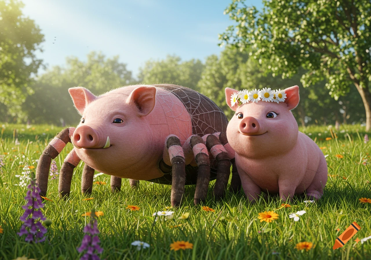 A whimsical spider pig with tusks and a happy piglet wearing a daisy crown sit in a sunny green meadow.