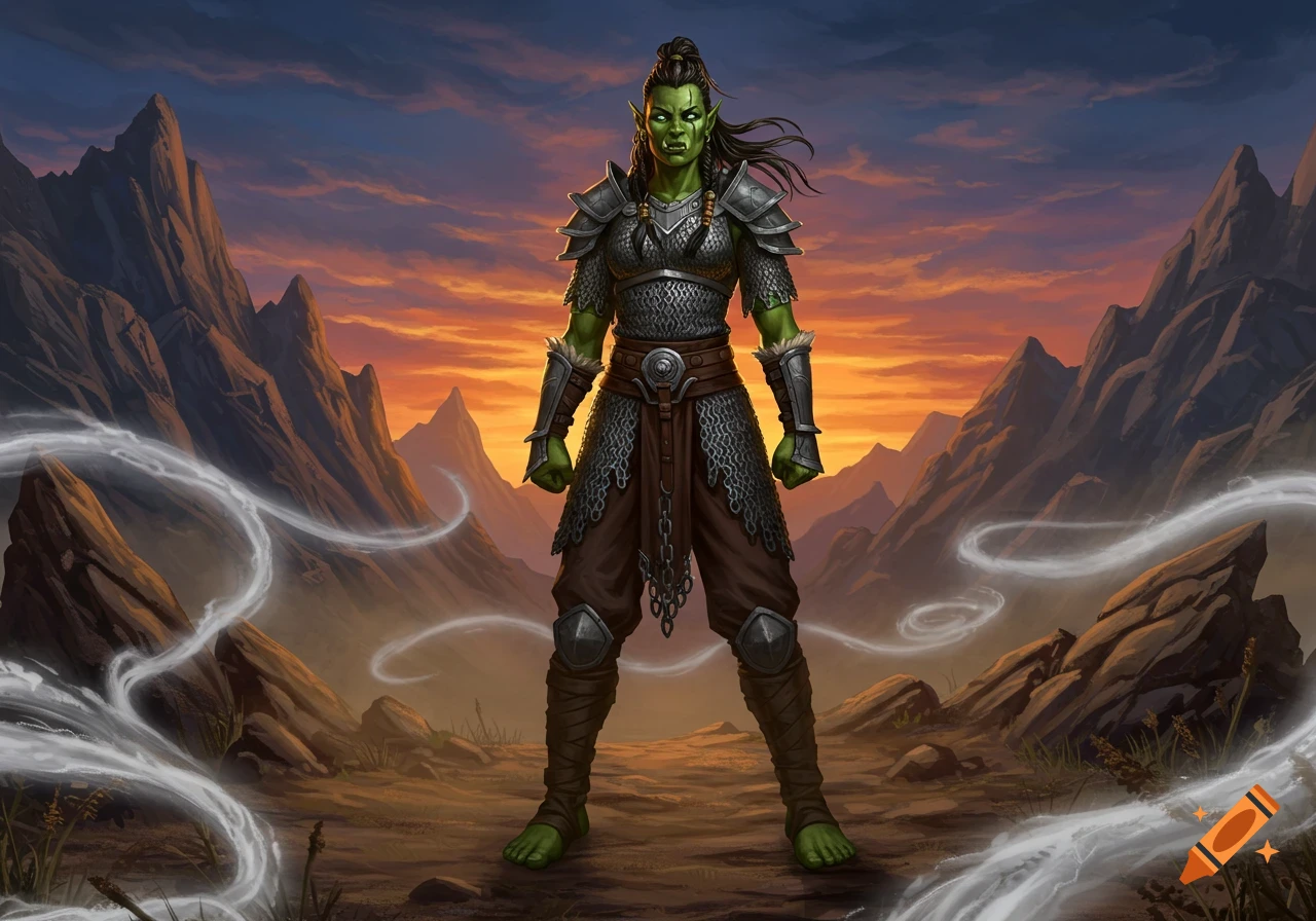 A green-skinned female orc warrior in full chainmail armor stands defiantly in a rugged mountain landscape under a vibrant sunset.