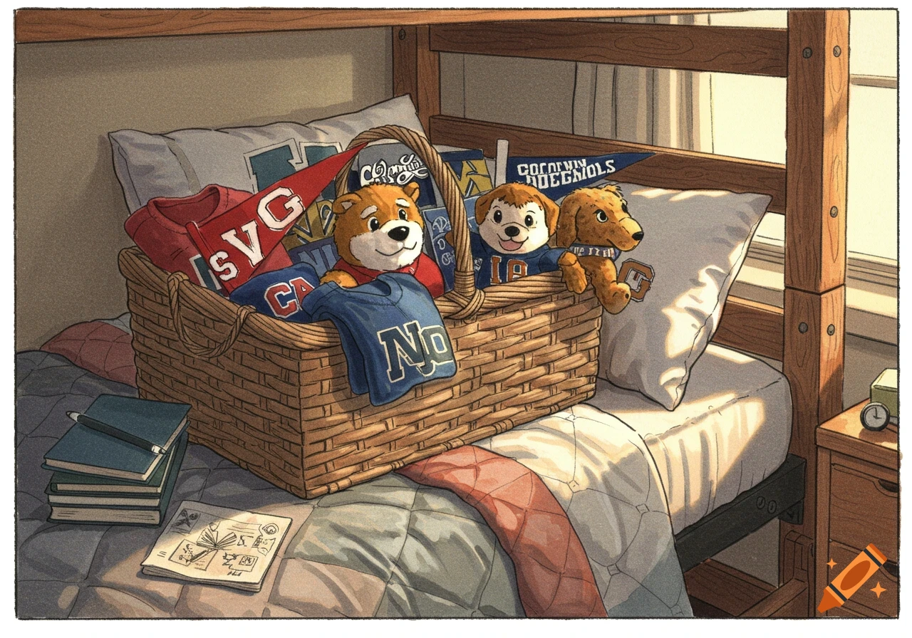 An illustrated dorm room features a bed with a basket of college merchandise, including stuffed animals, pennants, and shirts, by a sunlit window.