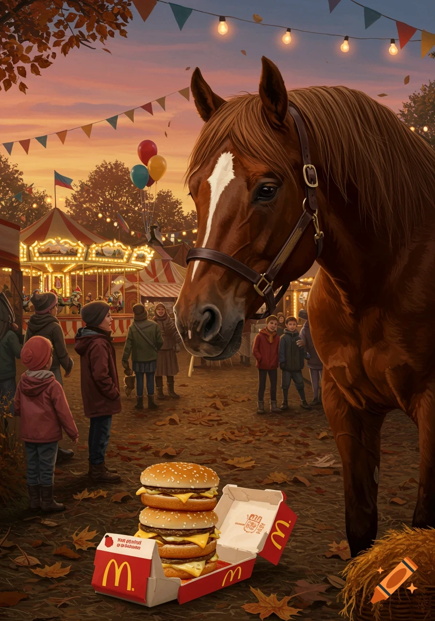 A large brown horse stands at a lively autumn fair, looking at two McDonald's Big Mac burgers in open boxes on the ground. Children are in the background near a carousel and tents at sunset.