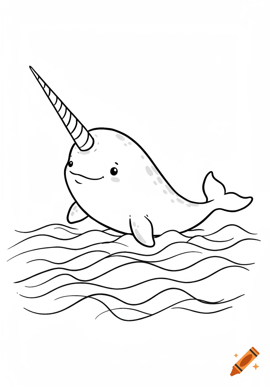 A cute black and white cartoon line drawing of a narwhal swimming in wavy water.