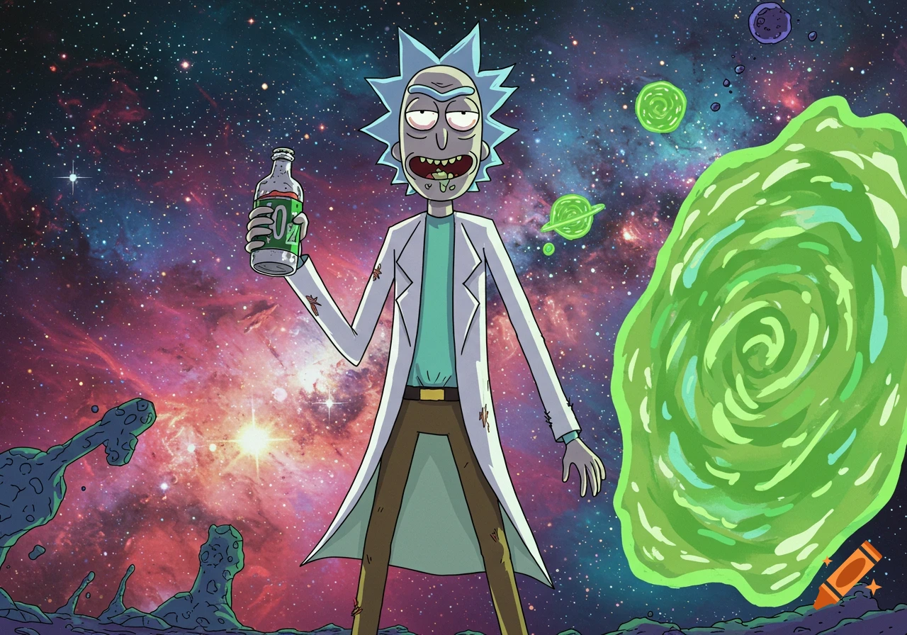Rick Sanchez from Rick and Morty stands in a vibrant galaxy, holding a bottle next to a green portal in a cartoon style.