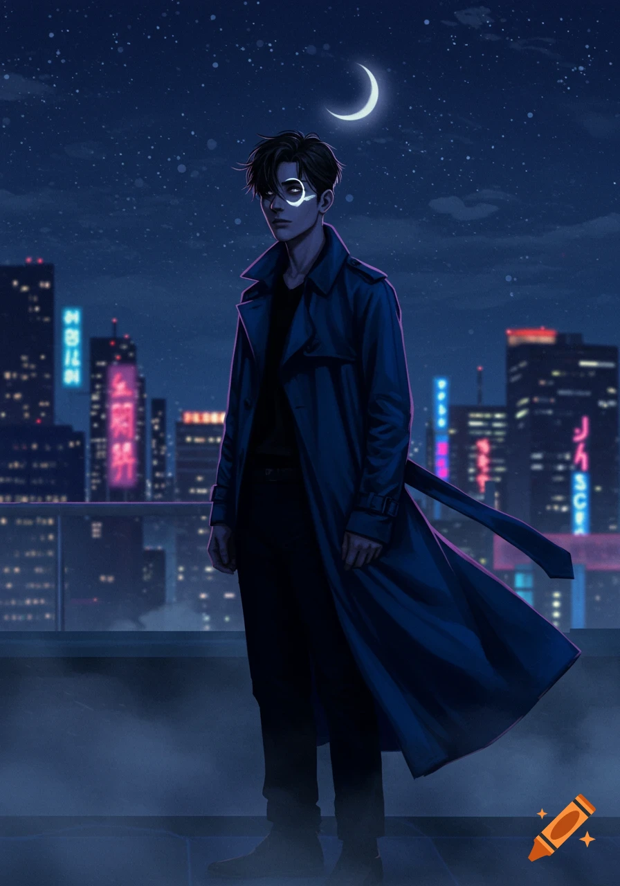 A mysterious man with glowing eye markings stands on a rooftop overlooking a neon city at night, with a crescent moon in the sky. Digital art.