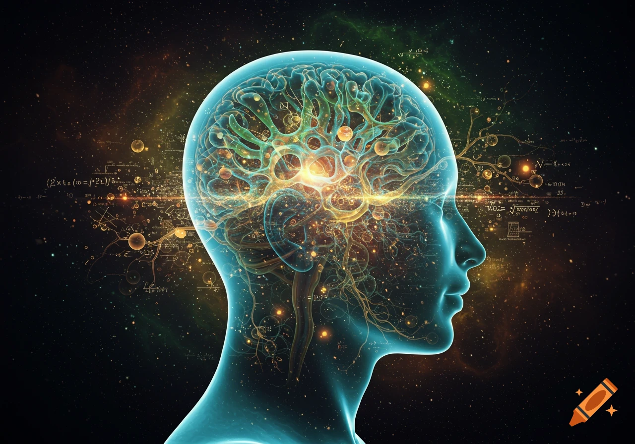 Conceptual image of a glowing human head with an illuminated brain, against a cosmic background with mathematical equations.