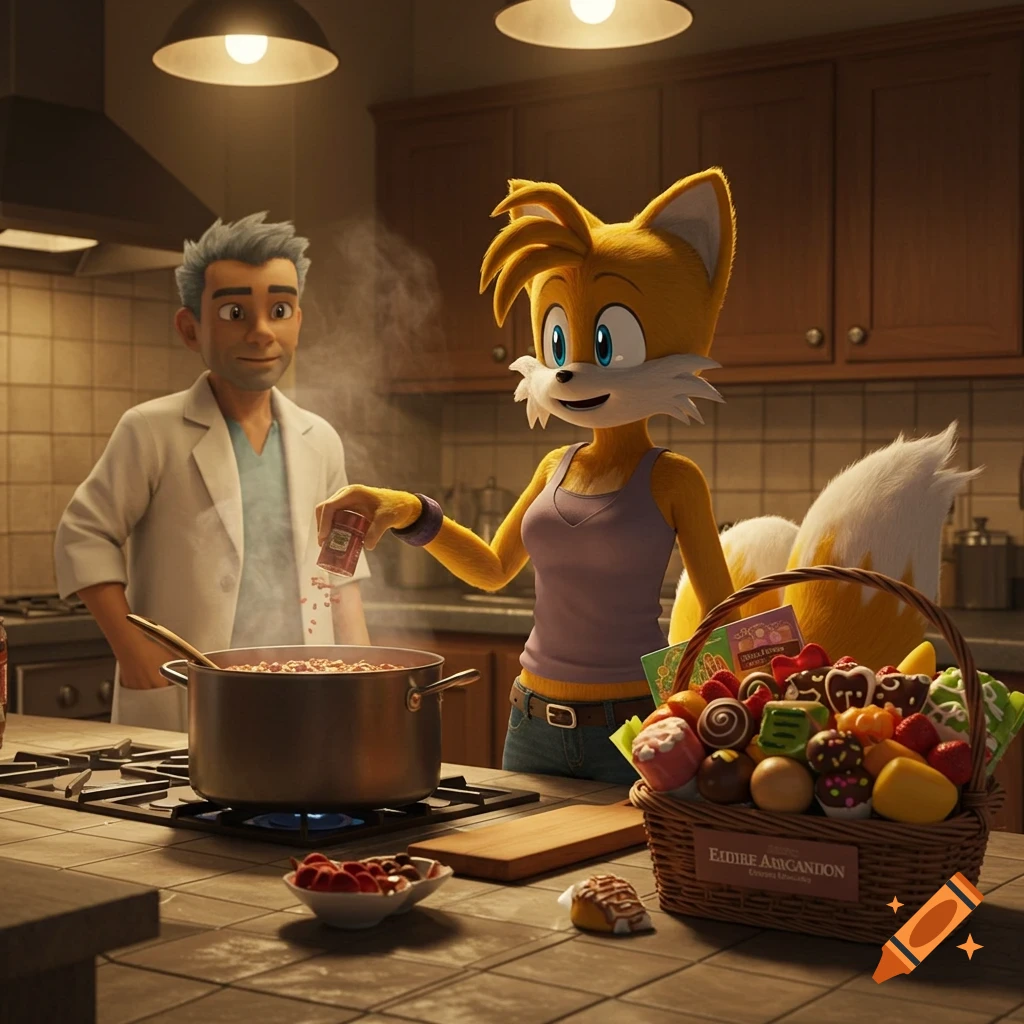 Tails, an anthropomorphic fox, seasons a pot of chili while Professor Oak watches in a kitchen, next to an edible arrangements gift basket, in a photorealistic style.