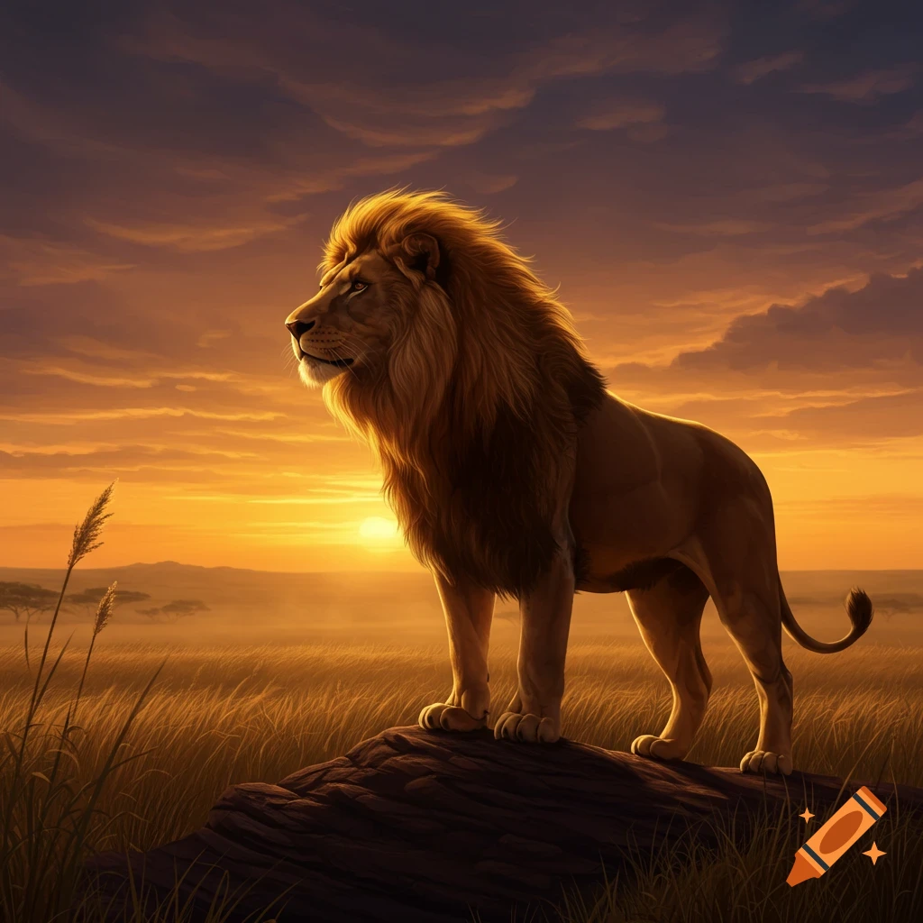 A majestic lion stands on a rock in a savanna at sunset, with an orange and purple sky.