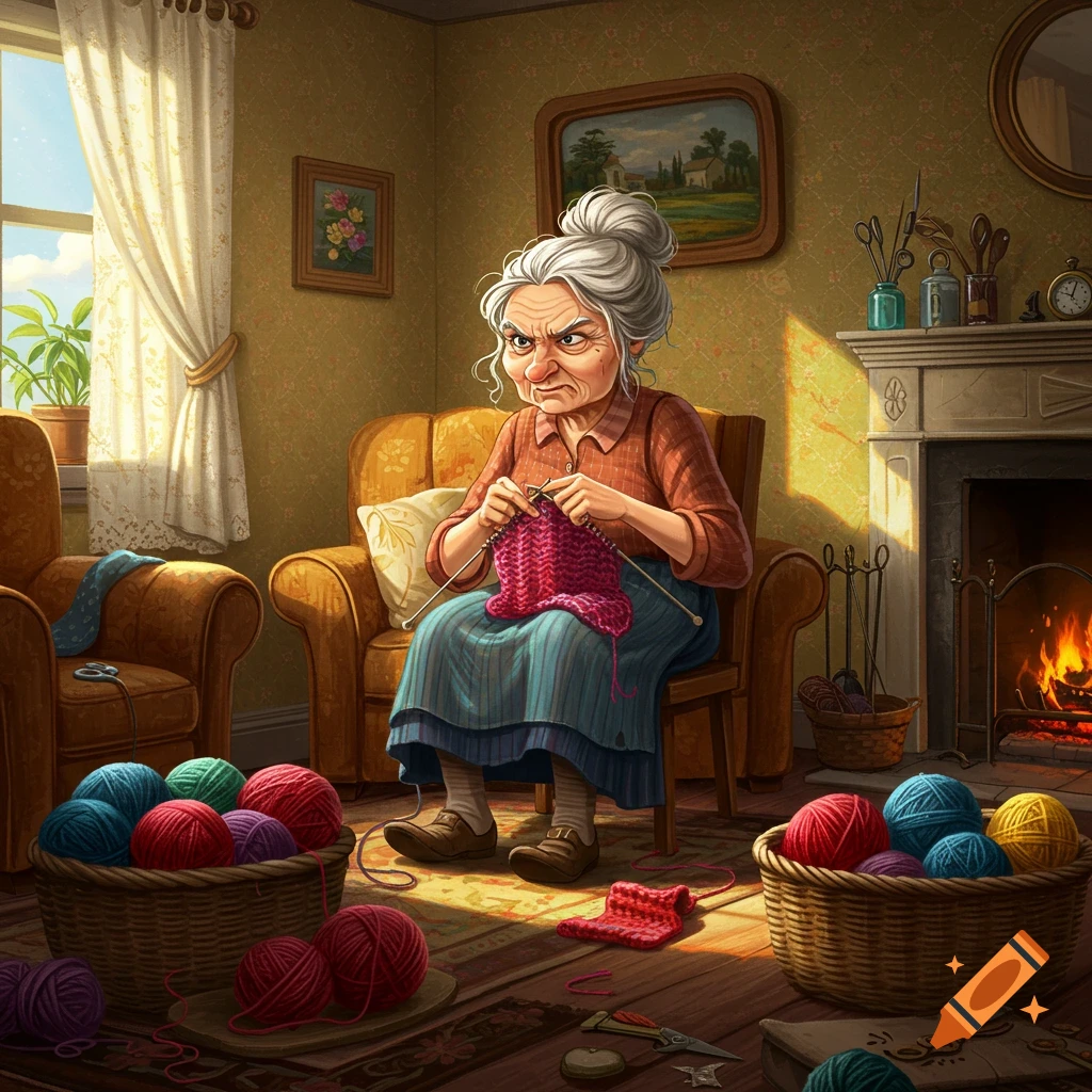 Cranky old woman knitting a pink scarf in a cozy, sunlit living room with a fireplace, surrounded by colorful yarn. Illustrative style.