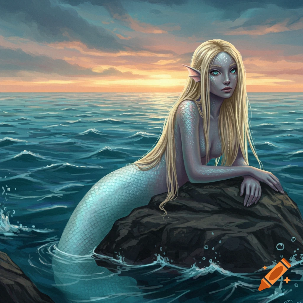 Digital art of a mermaid with blue eyes and long blonde hair, leaning on a rock in the ocean at sunset.
