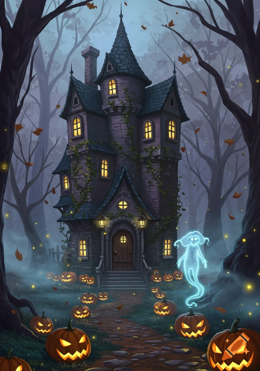 Stylized haunted house in a foggy, dark forest with glowing windows, a path of jack-o'-lanterns, and a floating blue ghost.