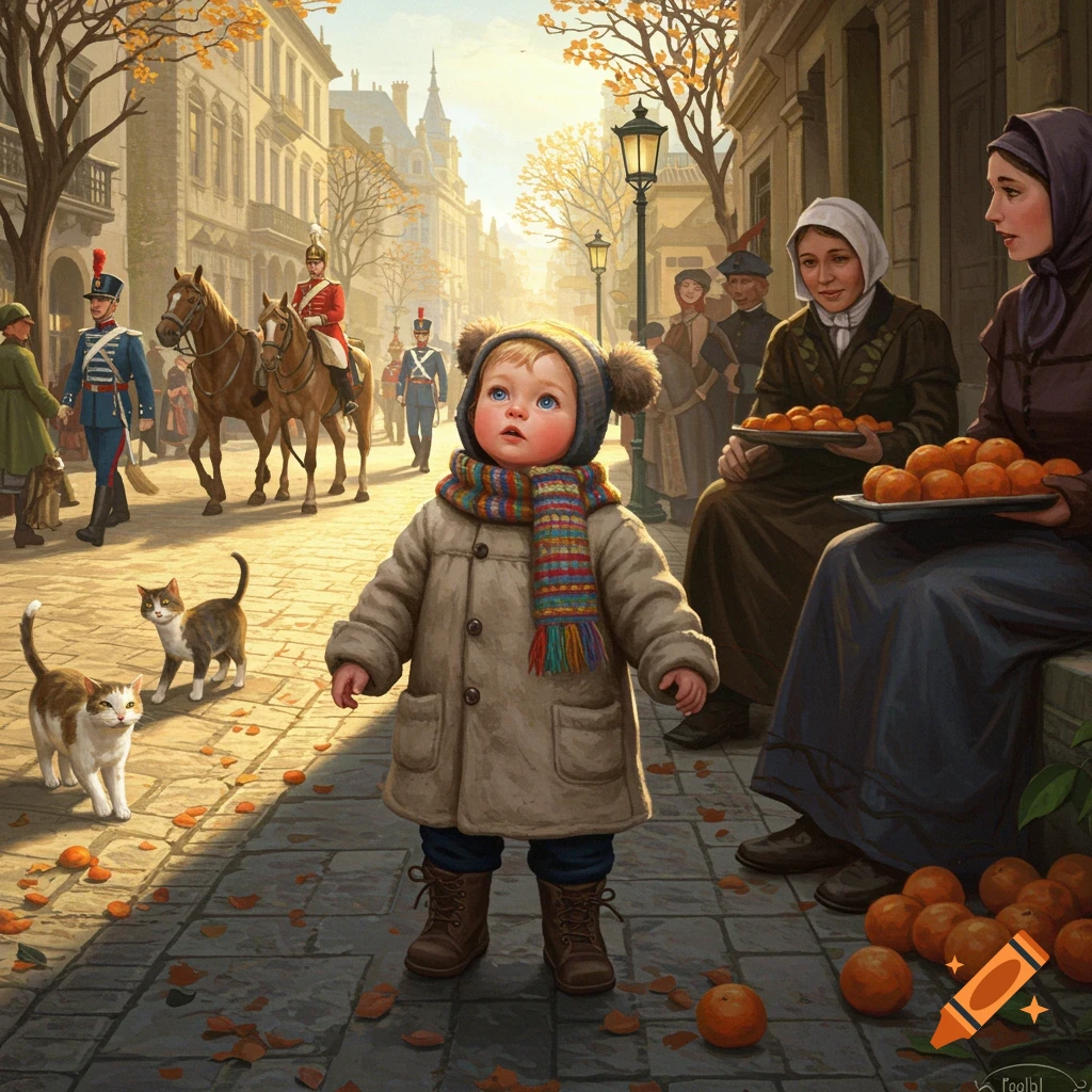 A toddler in a winter coat and hat looks up at soldiers on horseback in a bustling historical street scene with autumn leaves, cats, and women selling oranges.