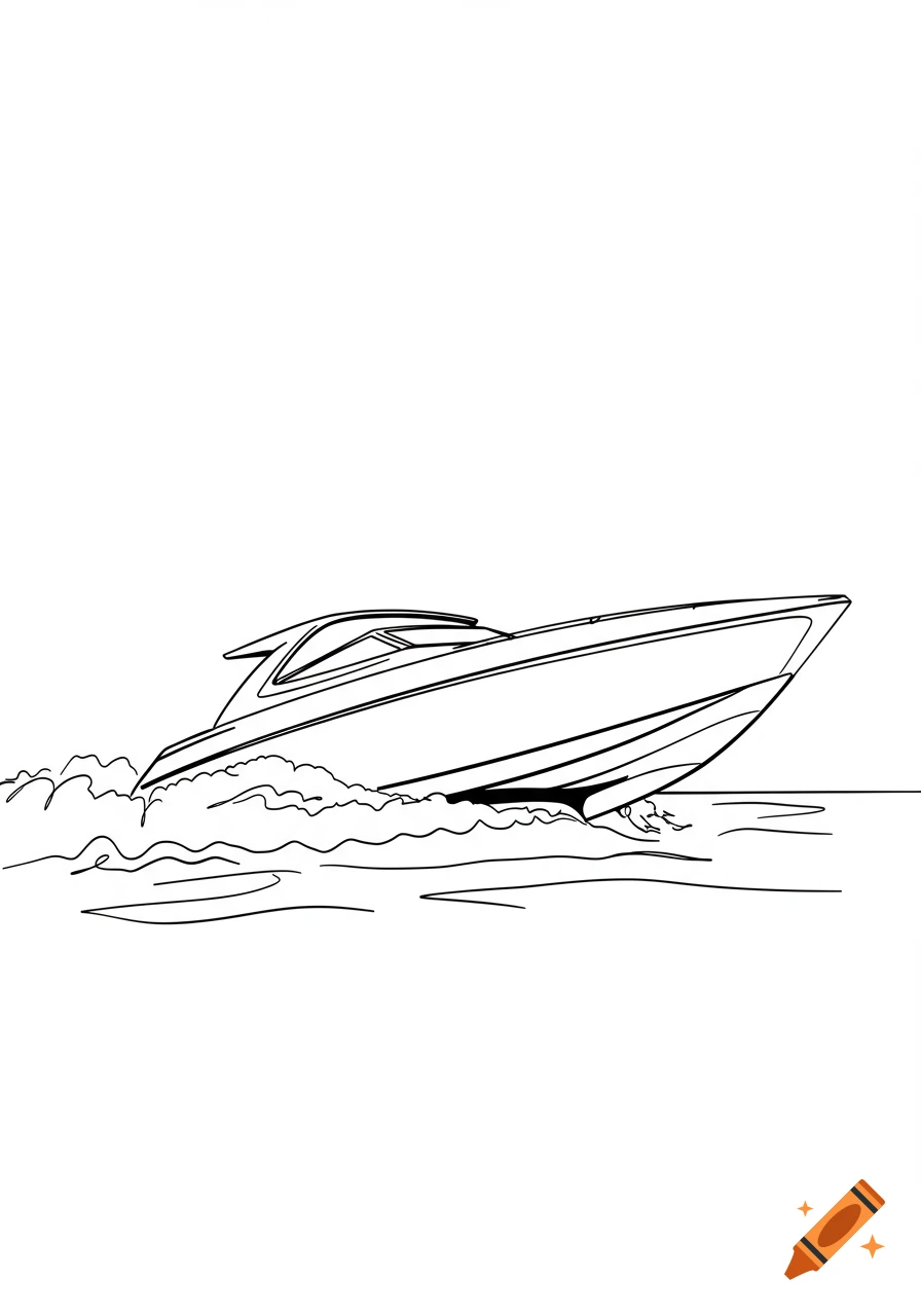A simple black and white line drawing of a speed boat on water, seen from a low angle.