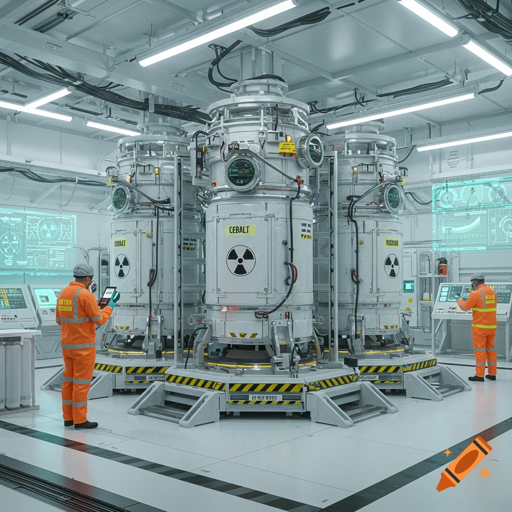 Workers in orange hazmat suits monitor large, cylindrical nuclear reactors in a clean, high-tech facility, with glowing screens displaying data.