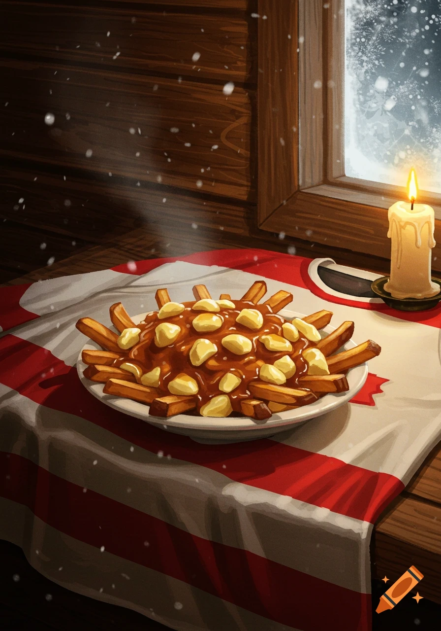 Illustrated poutine dish with gravy and cheese curds on a red and white tablecloth, next to a lit candle by a snowy window.