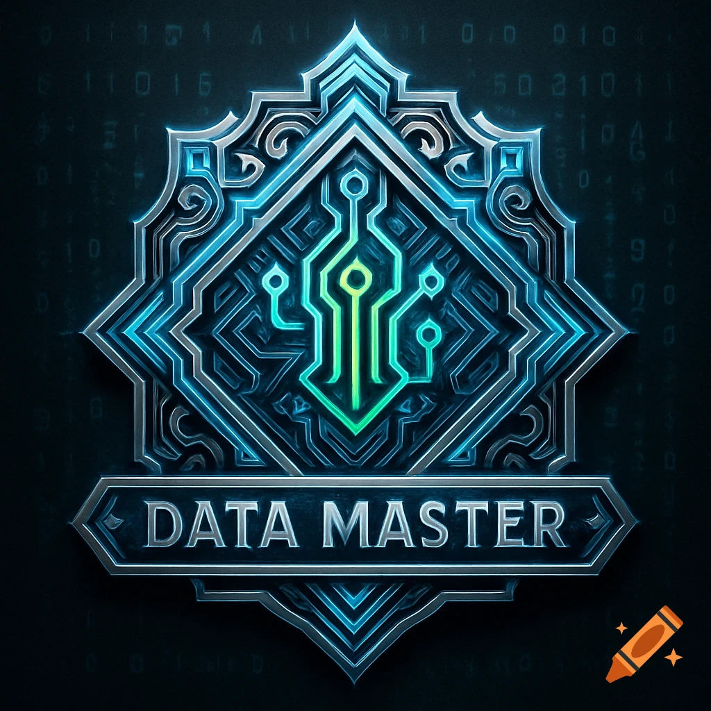 Metallic, ornate badge with glowing blue and green circuit patterns and 'DATA MASTER' text, against a dark, binary code background.