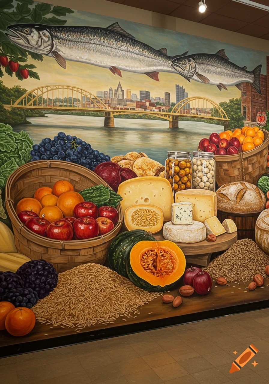 A colorful mural featuring a bounty of fruits, cheeses, breads, grains, and fish, set against a cityscape with bridges over a river.